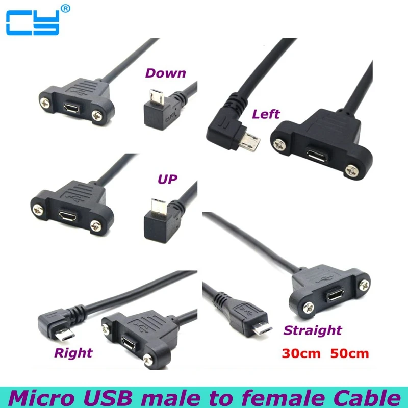 0,3 м 0,5 м USB 2,0 Micro 5pin ВВЕРХ/вниз, Левый и правый Угловой разъем для подключения к удлинительному кабелю с винтами, отверстие для крепления на панели