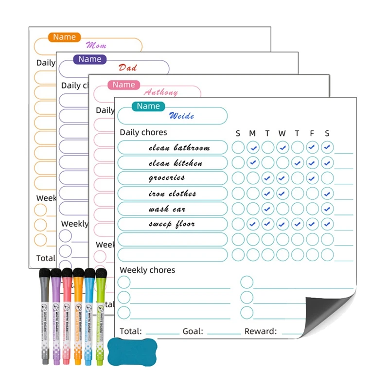 1 комплект школьной таблицы сухого стирания для детей - 4 шт школьных таблиц сухого стирания и 6 цветных маркеров с ластиком, многоцветная таблица вознаграждений