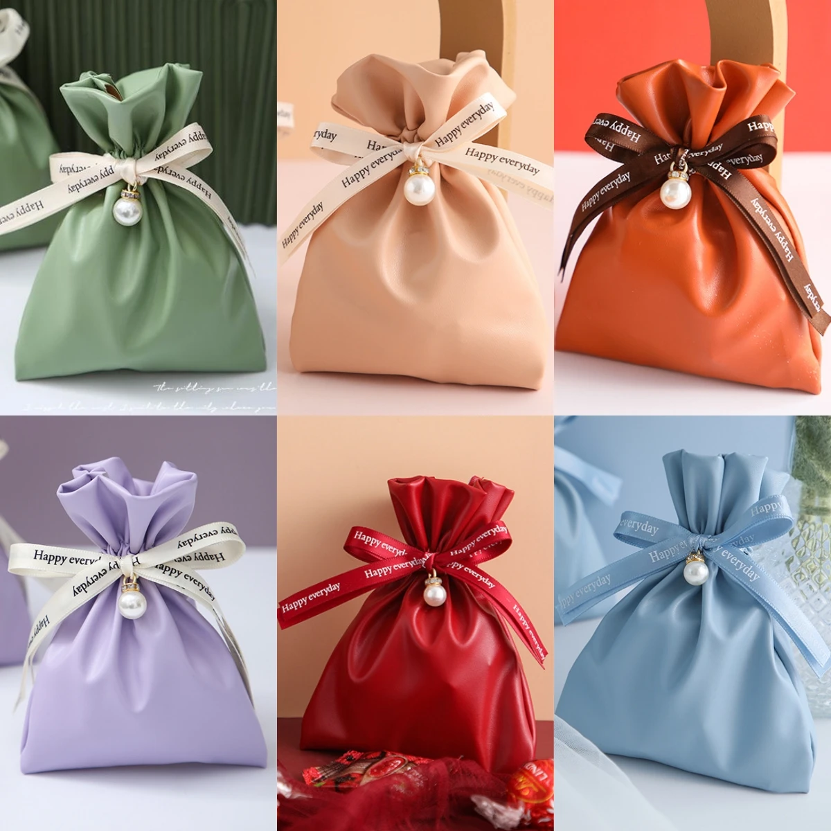 10 шт. Кожаные подарочные пакеты, коробка для свадебных подарков, Мини-шнурок для гостей с жемчужной упаковкой конфет, Праздничный декор