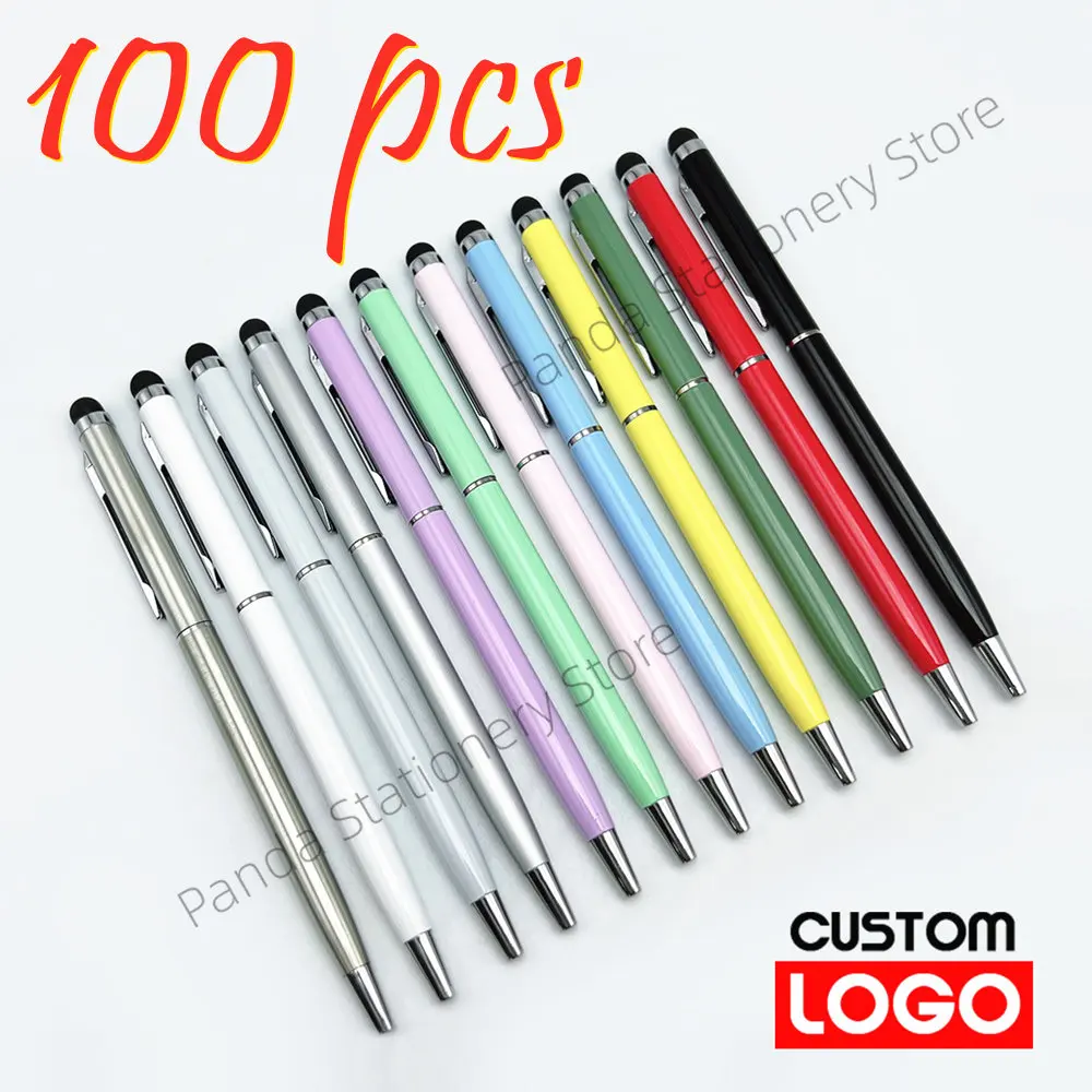100 Шт 13-цветной Металлический Стилус 2-в-1 Универсальная шариковая ручка с пользовательским логотипом, Текстовая гравировка, Офисная школьная рекламная ручка оптом