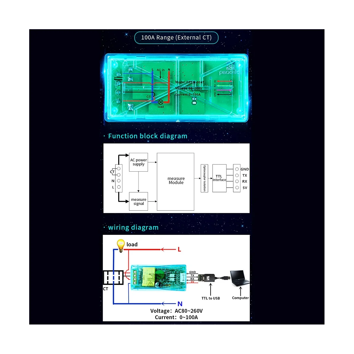 100A PZEM 004T 3,0 Ваттметр с Корпусом + Открытый CT кВтч-метр Вольт-Амперный Тестовый Модуль Тока для Arduino TTL COM2/COM3/COM4