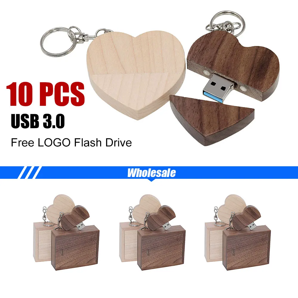 10шт Бесплатный пользовательский логотип Ореховое деревянное сердце + подарочная коробка USB 3.0 флэш-накопитель Креативный флешка 8G 16GB 32GB 64G Memory stick U диск