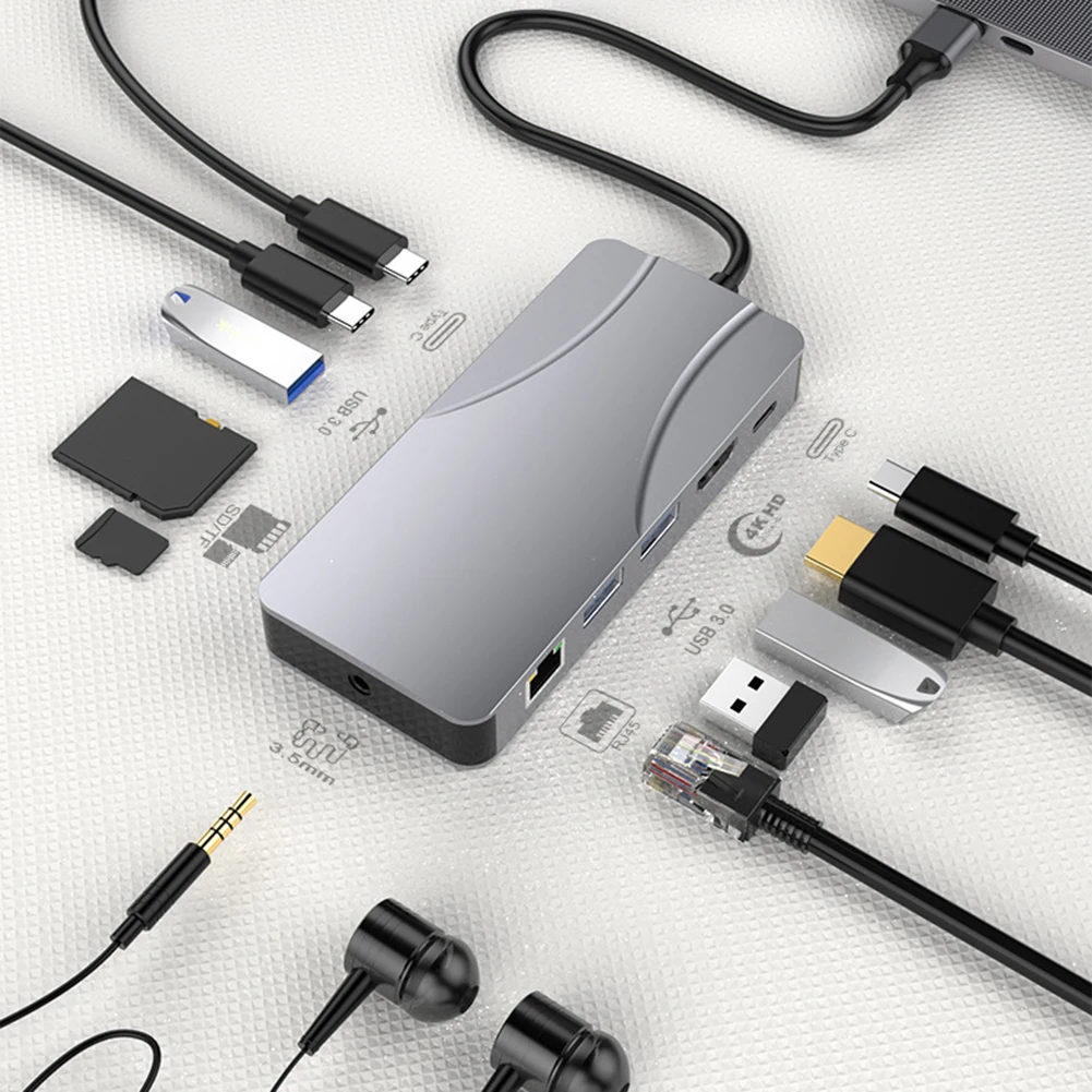 11 в 1 USB C-концентратор, многопортовый адаптер, многофункциональный концентратор, совместимый с Type C и HDMI, 100 Вт PD для ноутбука