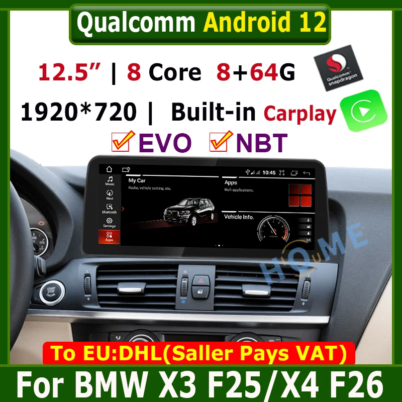 12,5 Дюймов Snapdragon Android 12 Автомобильный Мультимедийный Плеер GPS Навигация для BMW X3 F25 X4 F26 E83 2011-2020 CarPlay Радио Видео