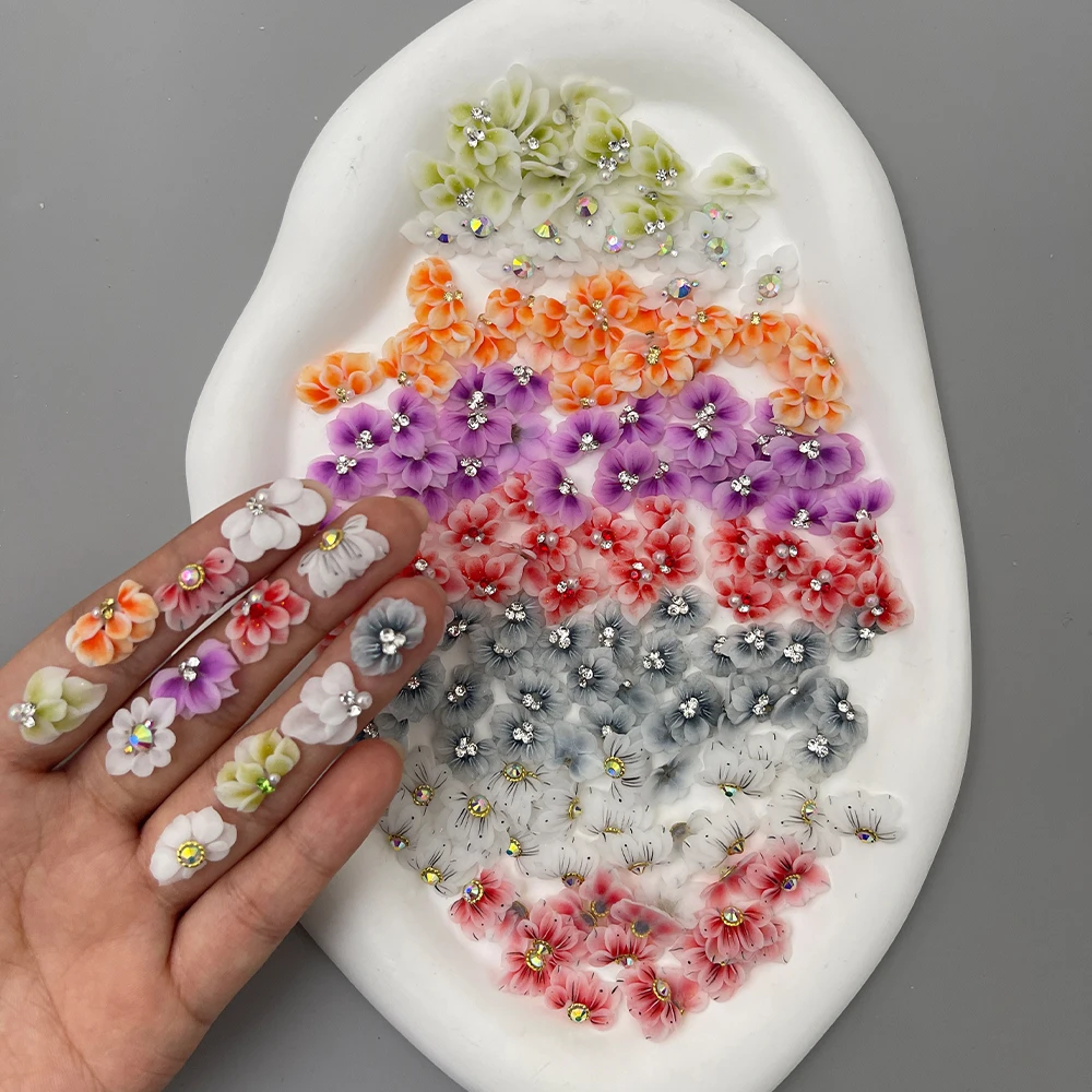 12 Цветов 3D Акриловые Цветы Украшения из Жемчуга для ногтей Скульптура ручной работы Летние Цветы Кавайные подвески для ногтей Маникюр DIY Украшения 5шт