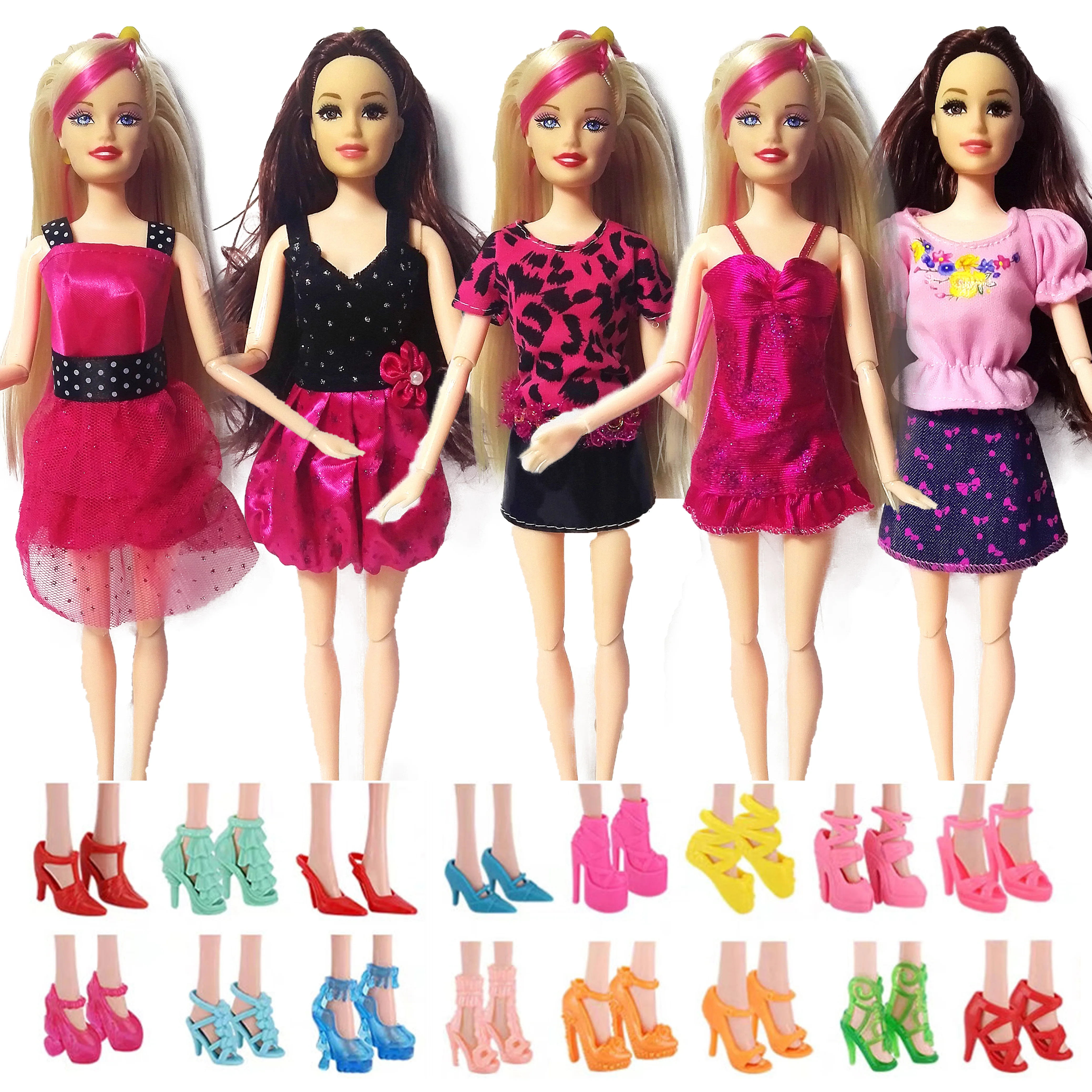 12 Шт. = Вечерние 5 комплектов одежды ручной работы, Модное платье в смешанном стиле + 7 Пар Аксессуаров, Обувь для куклы Барби, Лучший подарок для девочек, игрушки