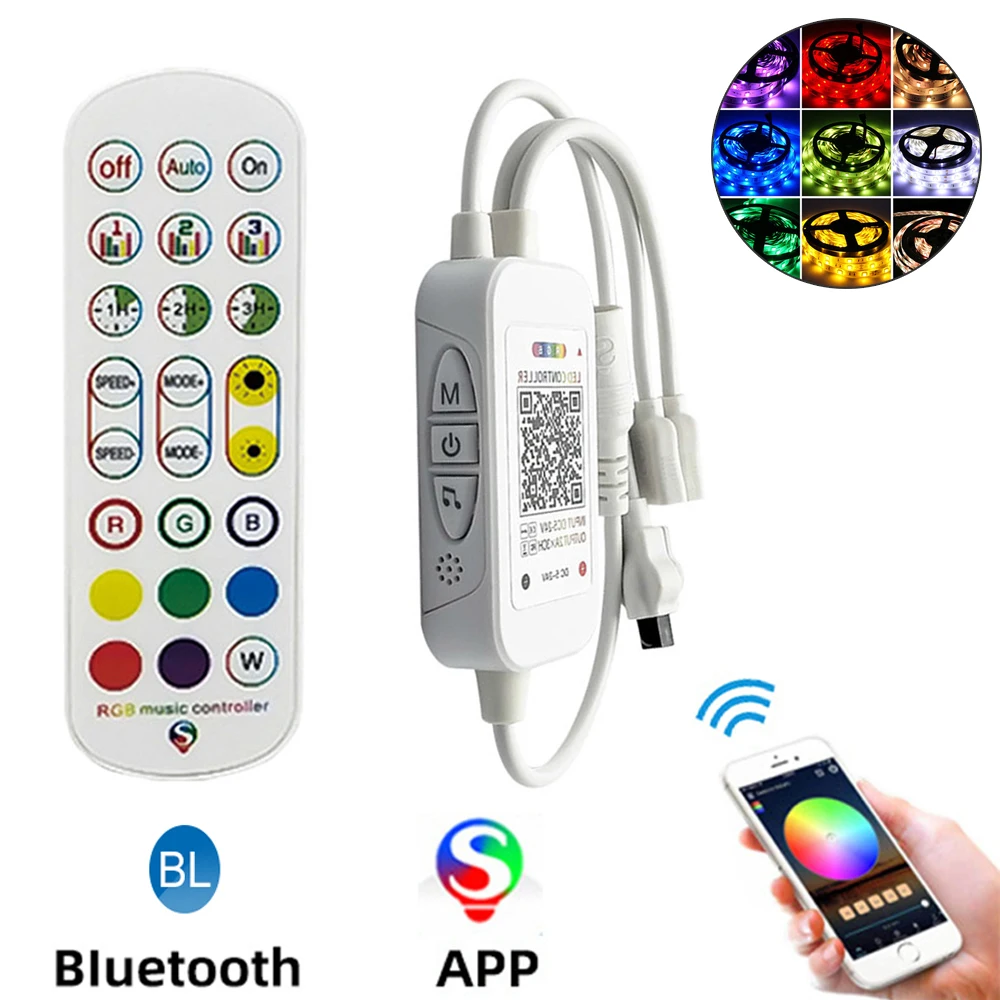2 порта RGB Bluetooth голосовой контроллер Светодиодный контроллер музыкальный диммер 24-клавишный пульт дистанционного управления Беспроводное приложение для управления светодиодными лентами