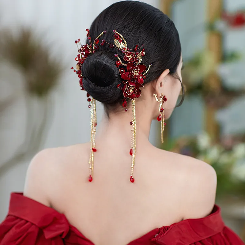 2 шт./компл., красные сказочные заколки для волос с кисточками, серьги, наборы цветочных китайских свадебных аксессуаров для волос