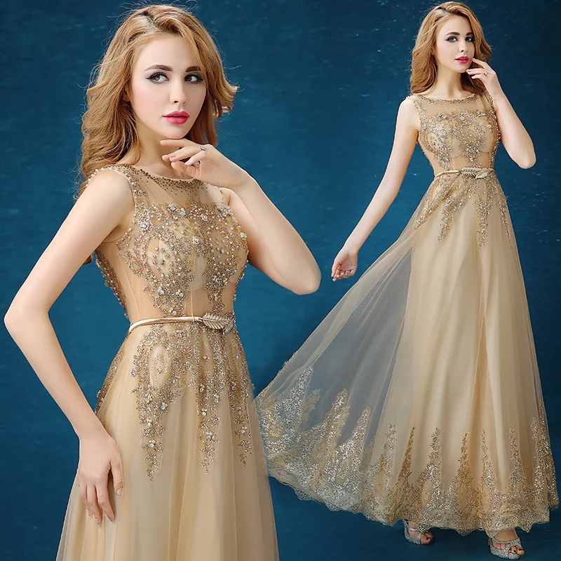2016 новое Тонкое длинное струящееся кружевное вечернее платье цвета шампанского Qi gold evening dress