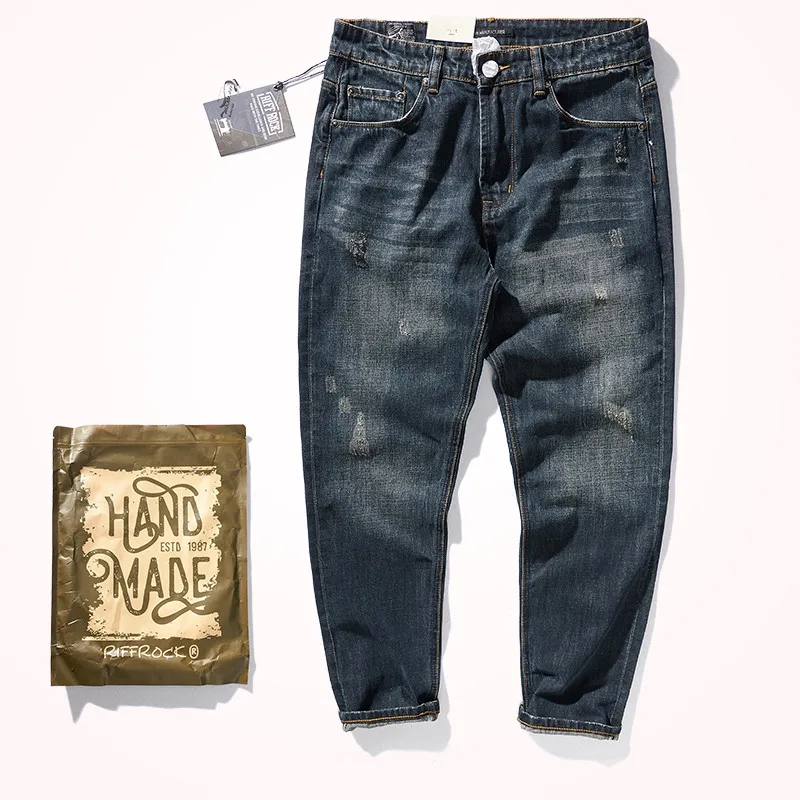 2021 Осень и зима, Новые американские ретро-джинсы из плотной денима, мужские Модные Выстиранные Старые Темно-синие Тонкие повседневные прямые брюки