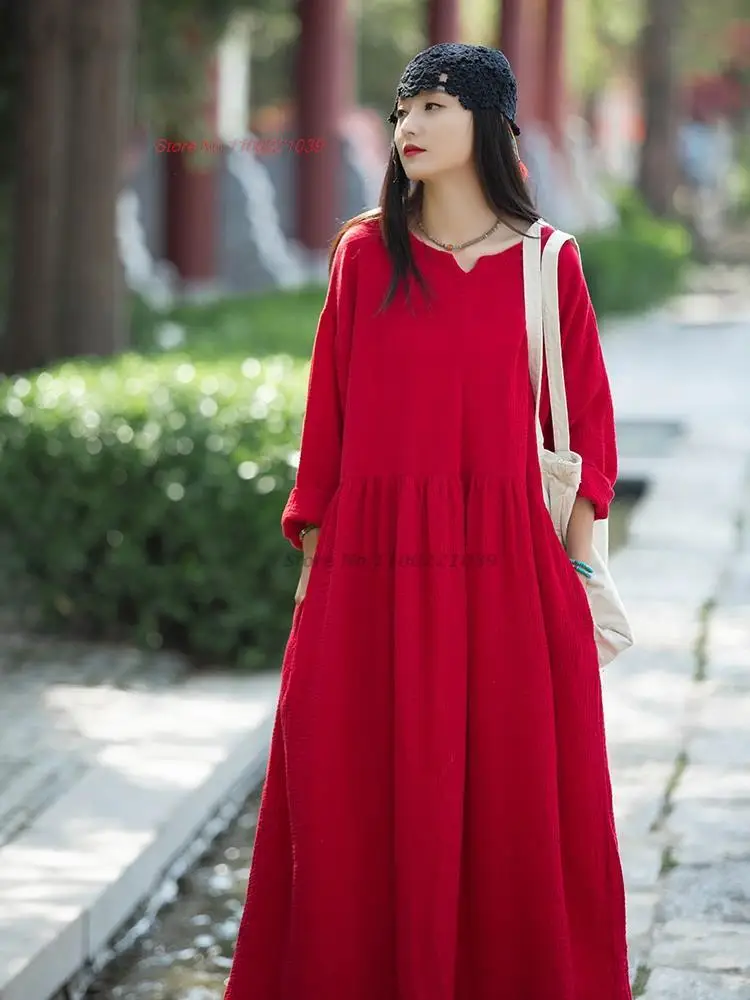 2023 китайское традиционное национальное этническое платье ханфу, хлопковое льняное платье ципао, восточное платье для медитации дзен, женская уличная одежда