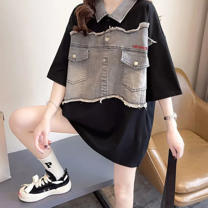 2023 Летняя Джинсовая Свободная футболка в стиле Пэчворк, Женская Повседневная Модная Универсальная Футболка с коротким Рукавом, женские пуловеры в корейском стиле Harajuku