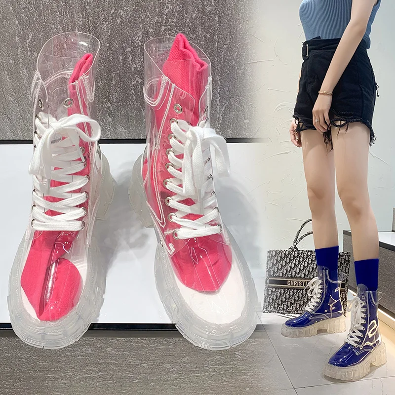 2023 Модные Женские ботинки на платформе из Искусственной кожи, Непромокаемые ботильоны, женские непромокаемые ботинки с прозрачной толстой подошвой, Пикантная Женская обувь