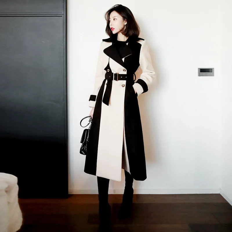 2023 Новая осенне-зимняя шерстяная ветровка Женская верхняя одежда в корейском стиле средней длины, тонкая шерстяная куртка с отстрочкой, женское пальто