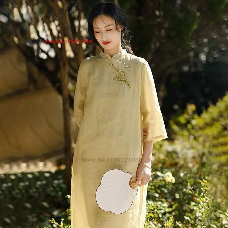 2023 традиционное китайское винтажное платье ципао из хлопка и льна, женское платье ципао с цветочной вышивкой, элегантный чонсам, восточное платье ципао