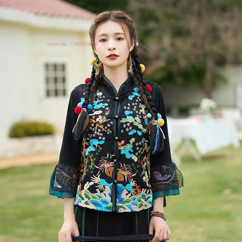 2023, традиционный китайский короткий жилет без рукавов с воротником-стойкой, национальная цветочная вышивка, винтажный жилет, восточное этническое пальто