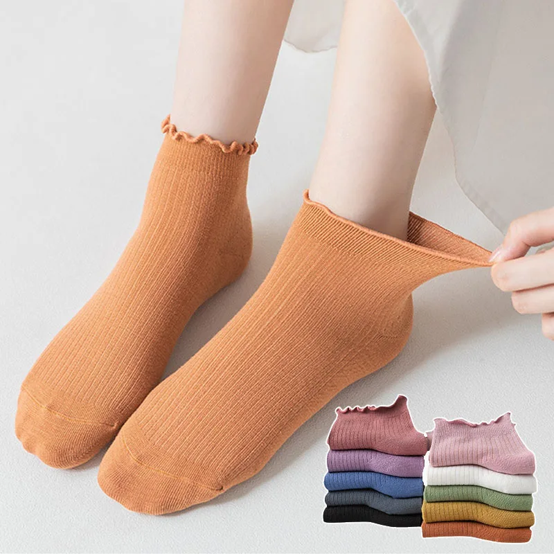3 пары носков с оборками для женщин, дышащие удобные повседневные короткие носки для девочек, милые, сладкие, однотонные японские винтажные носки-лодочки
