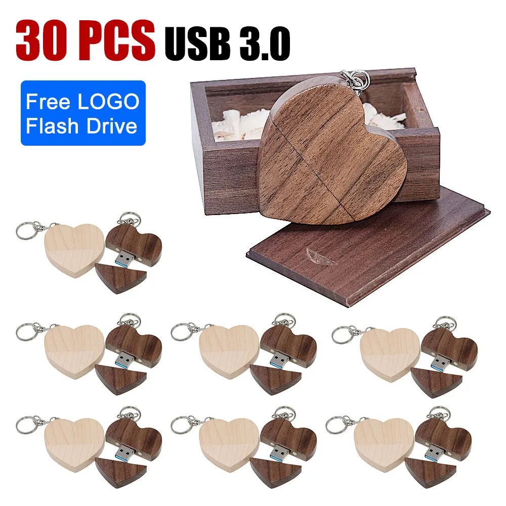 30шт 64 ГБ деревянная форма сердца usb3.0 + упаковочная коробка USB флэш-накопитель 4 ГБ 16 ГБ 32 ГБ подарок для фотосъемки настраиваемый логотип