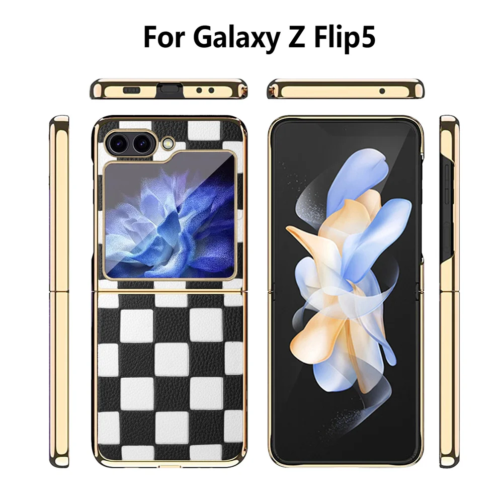 3D Шахматная квадратная модная оболочка из натуральной кожи для Samsung Galaxy Z Flip5 ZFlip4 3 в городском минималистичном стиле с пленочным чехлом