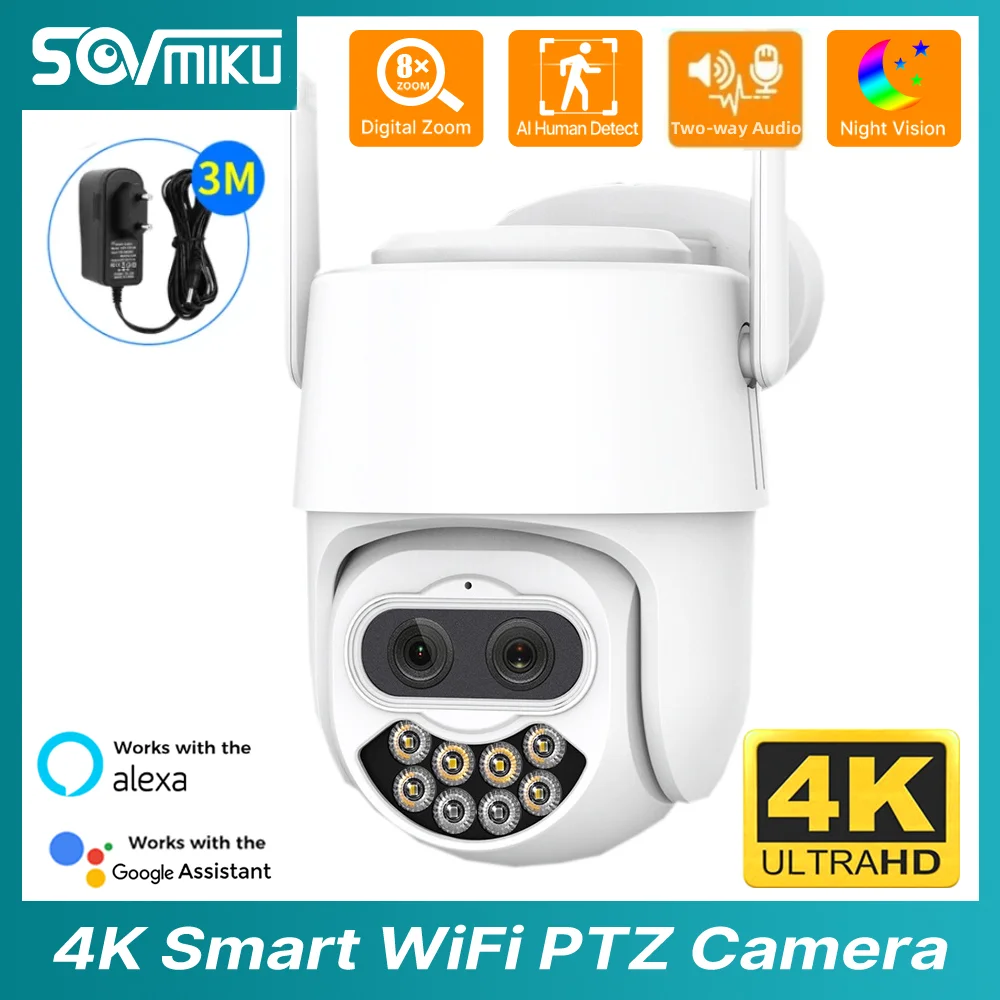 4K 8MP Двухобъективная WiFi Смарт PTZ IP-камера с 8-кратным Гибридным Зумом Цветного Ночного Видения AI Обнаружение человека Onvif CCTV Камеры видеонаблюдения