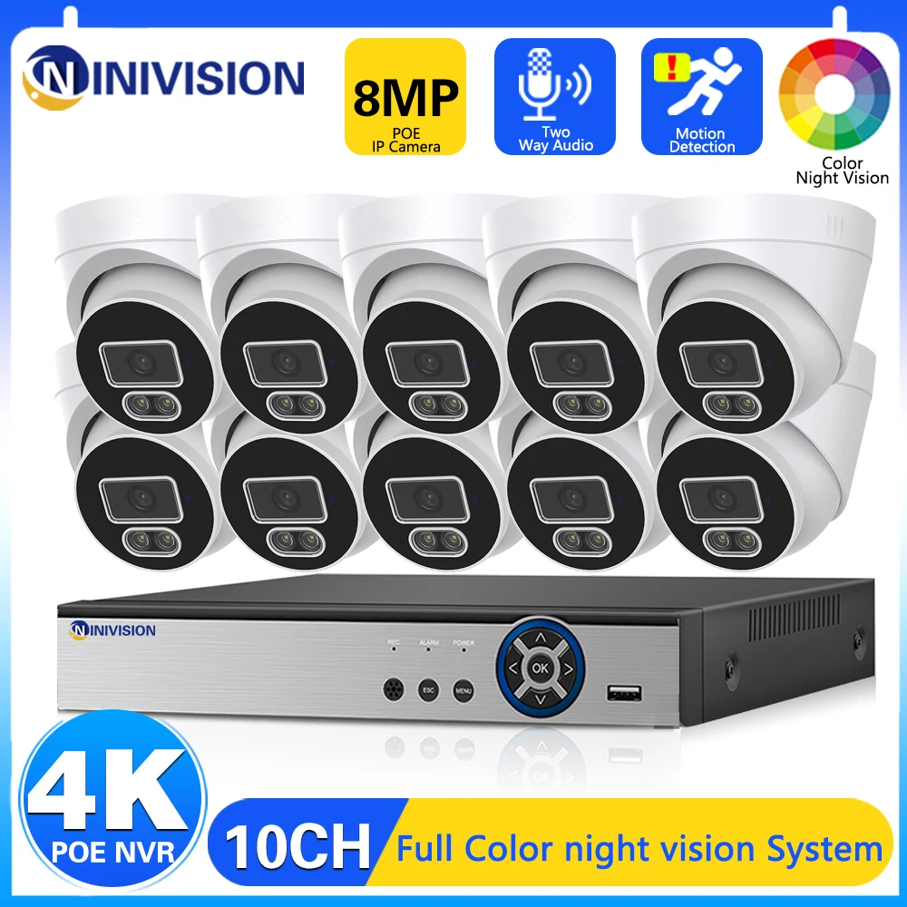 4K PoE NVR Система Камер видеонаблюдения 8-Канальный Расширенный 10-Канальный Комплект NVR с 2-Полосным Аудиовыходом/Внутренняя 8-Мегапиксельная 4K IP-камера CCTV Security Set