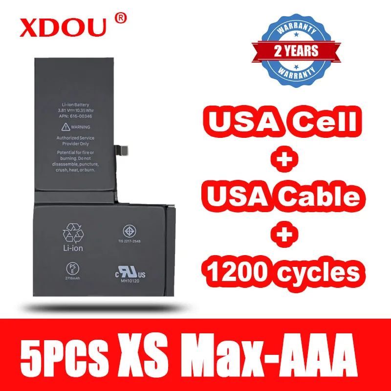 5 шт. XDOU Аккумулятор Для iPhone XS Max XSMax 3174 мАч Замена Ремонт США Сотовый Кабель 1200 Циклов 2023 AAA