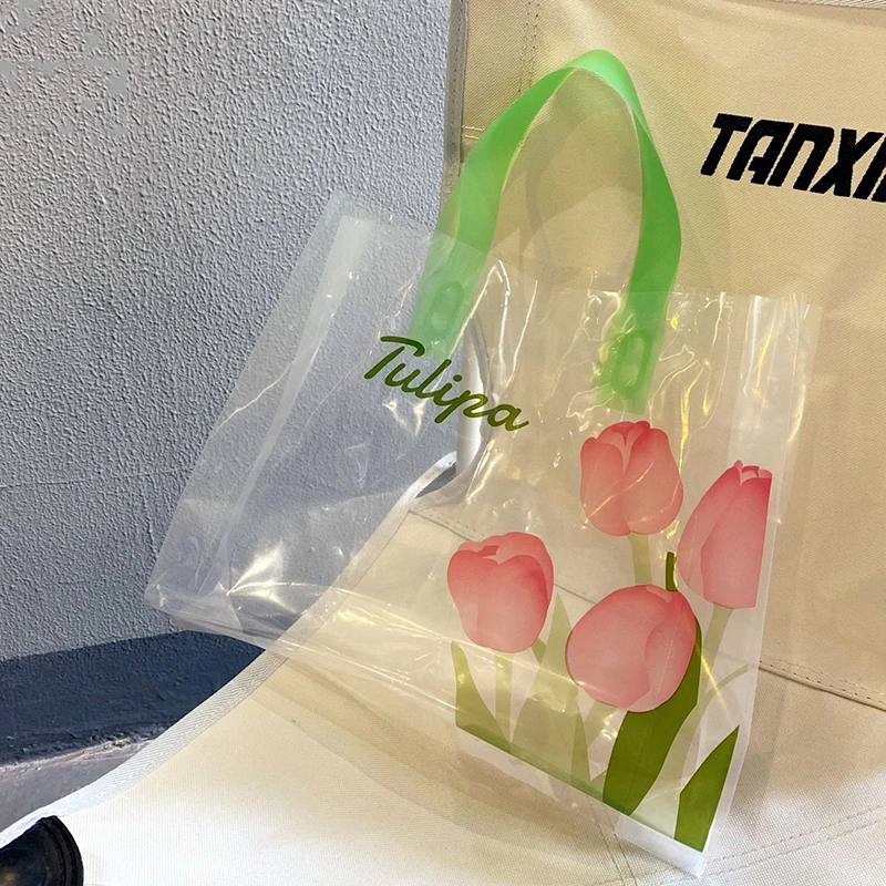 50 Шт. Прозрачные пластиковые подарочные пакеты Высокого качества с принтом Тюльпана, Подарочные упаковочные пакеты, Утолщенные сумки для вечеринок, сумки-тоут для покупок