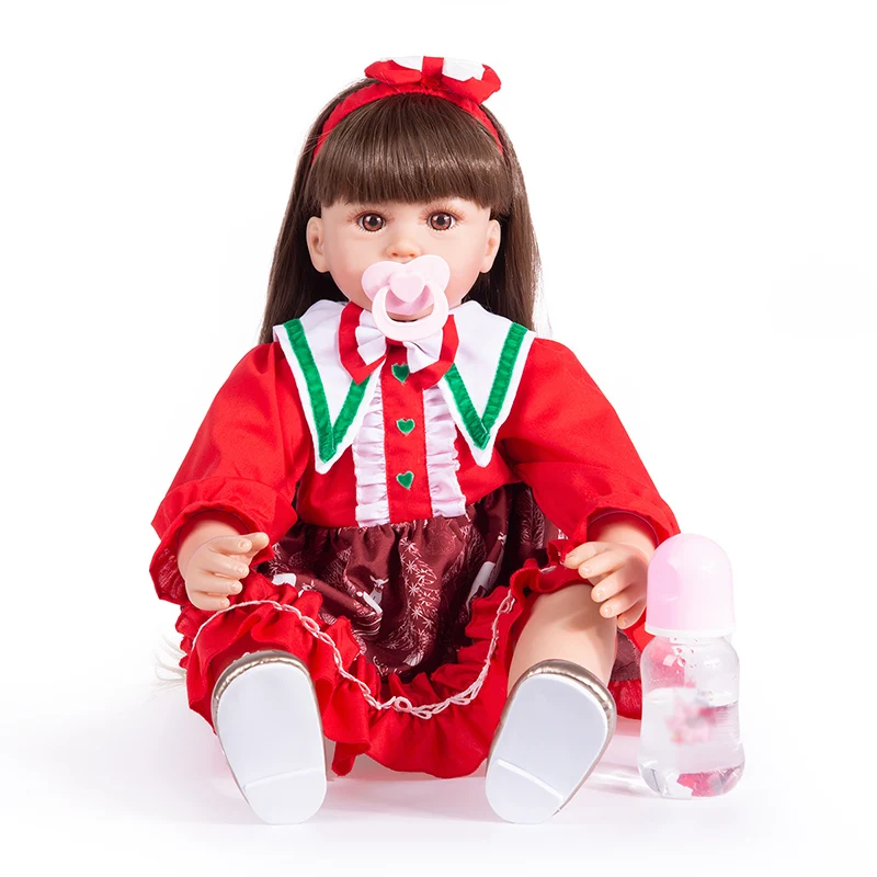 60 см Кукла-Реборн, Кукла-младенец, Настоящее Прикосновение, Длинные Волосы, Красная Рождественская одежда, игрушки для новорожденных кукол на День рождения, рождественские подарки
