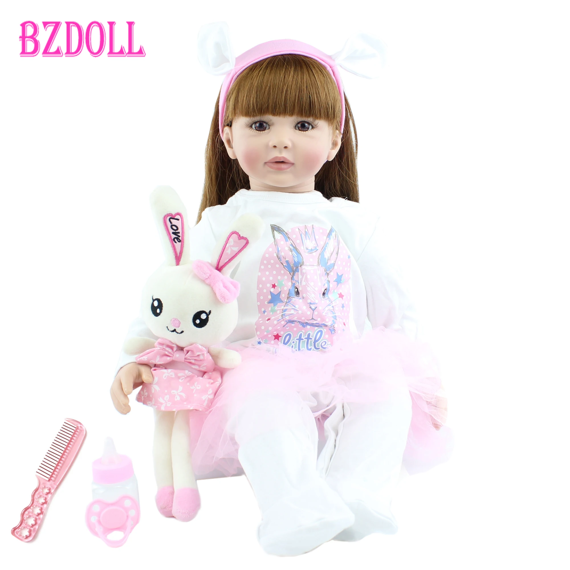 60 см Мягкая Силиконовая Возрожденная кукла для маленьких девочек, реалистичные виниловые игрушки, Принцесса с длинными волосами, Живая Бебе, Кукла с кроликом