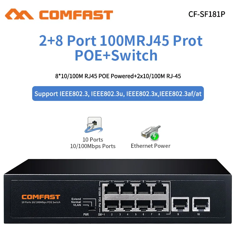 8 + 2 Порта 10/100 Мбит/с Poe-Коммутатор Fast Ethernet Switch Сетевые IP-камеры с Питанием от PoE-адаптера для Внутренней IP-камеры Маршрут Точки доступа