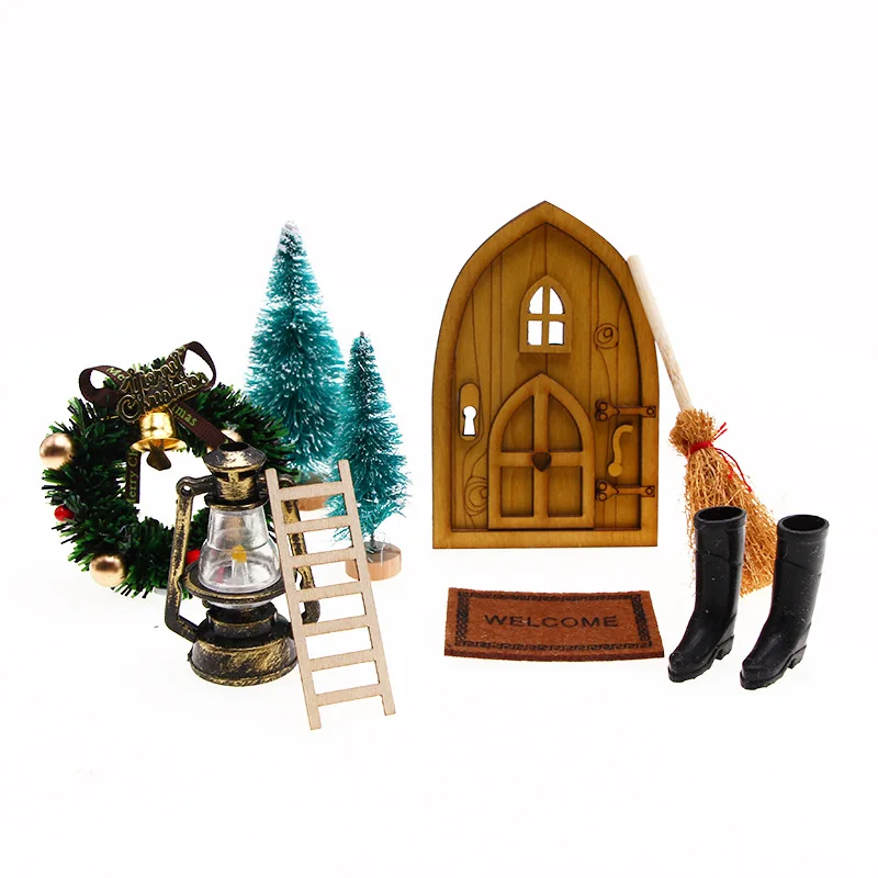 9 шт., набор дверей для кукольного домика с эльфом, Рождественский декор, Поддельная масляная лампа, Мини-коврик для елки, игрушечный домик Феи, Миниатюрная модель сцены