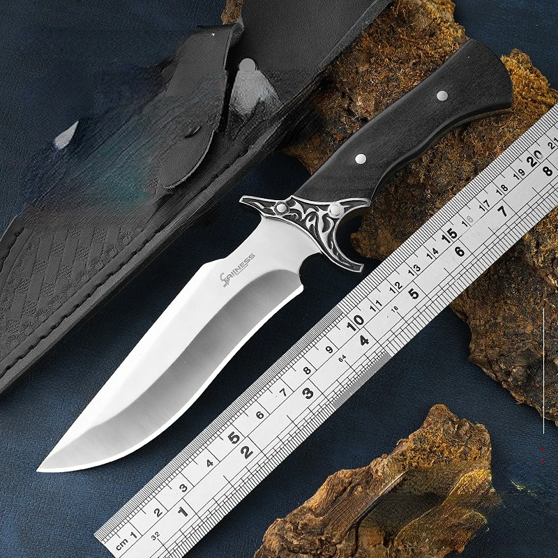 9CR18MOV Открытый Прямой Нож из Нержавеющей Стали с Кожаным Чехлом Портативный Нож Острый Охотничий Нож Подходит Для Выживания в Дикой природе