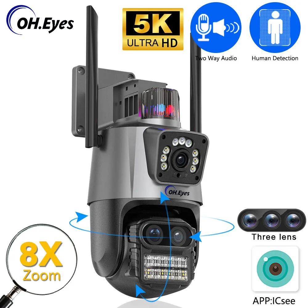 9MP 5K, трехобъективная двухэкранная беспроводная камера видеонаблюдения, Wifi IP-камера, Уличное видеонаблюдение, инфракрасная светодиодная сигнализация