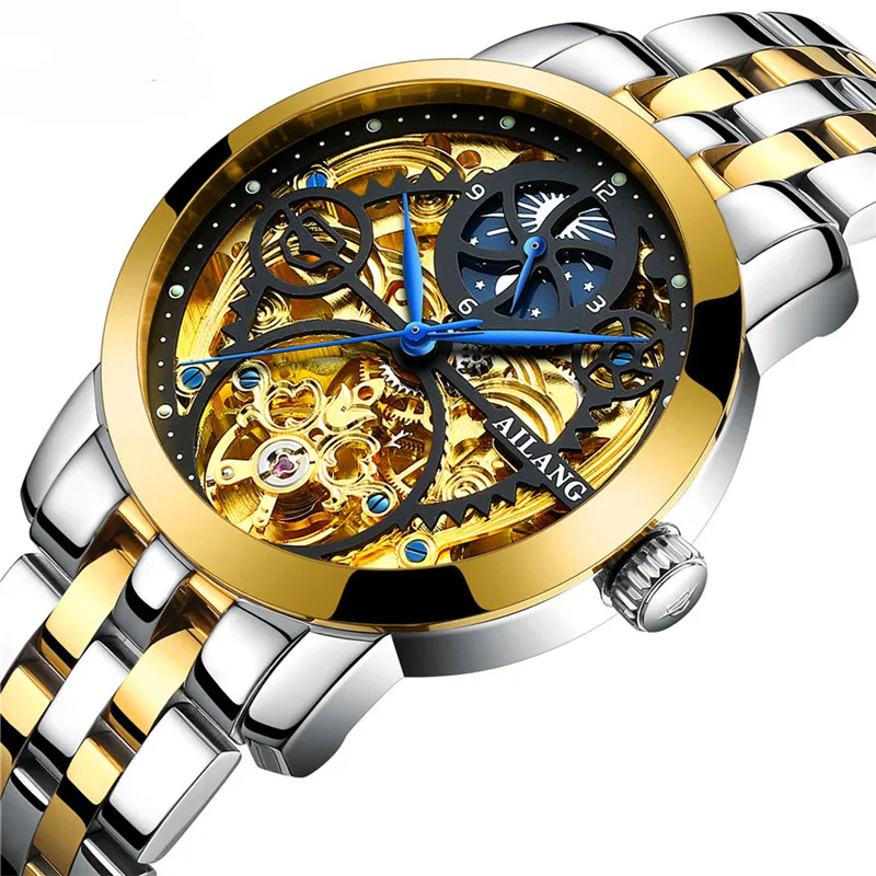 AILANG Водонепроницаемые автоматические механические часы со скелетом и Турбийоном, мужские модные роскошные наручные часы, Светящиеся спортивные часы