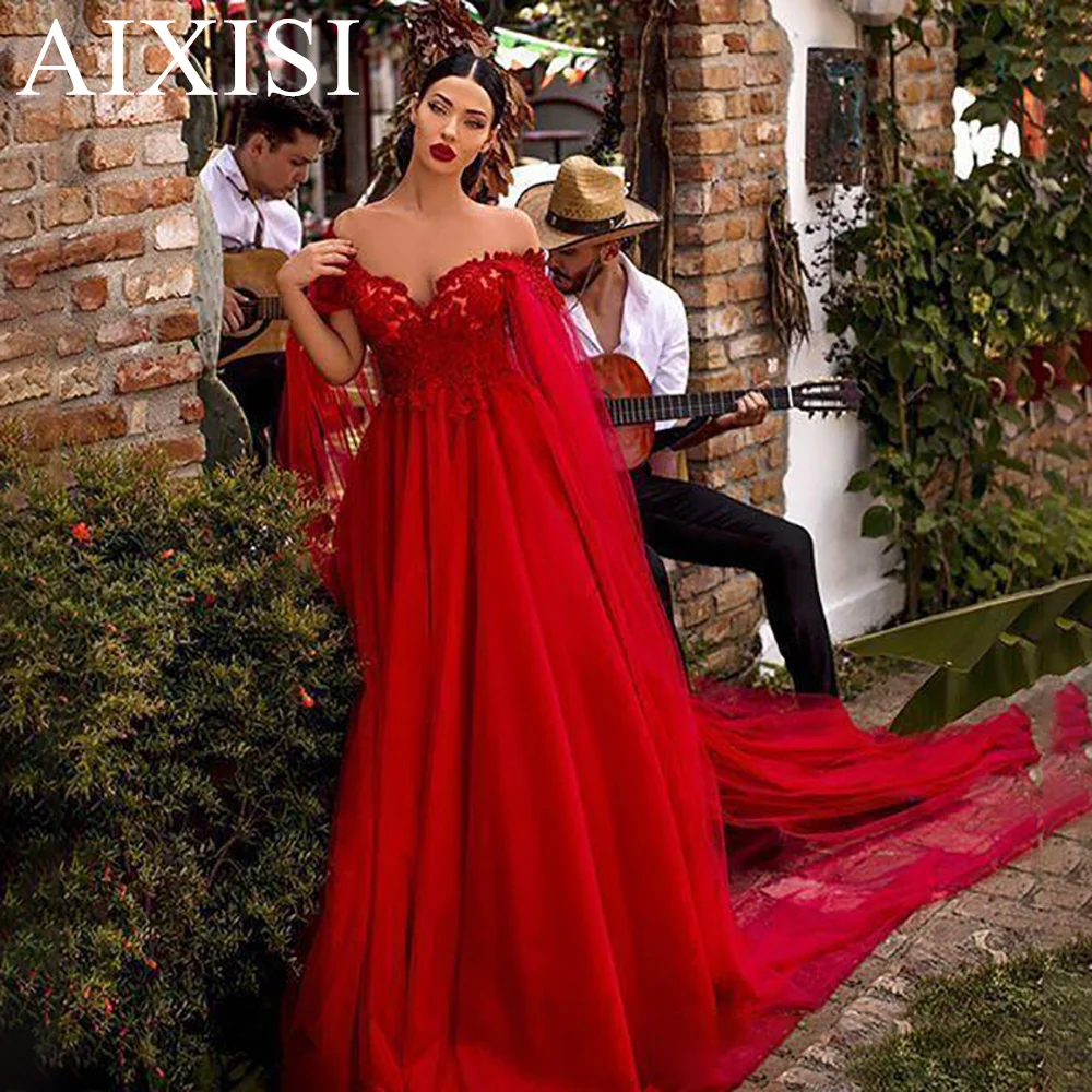 AIXISI/Красные Свадебные платья в виде Сердца с открытыми плечами, Тюлевые Аппликации, Кружевное Свадебное Платье на Шнуровке С Длинным рукавом, Vestidos De Novia