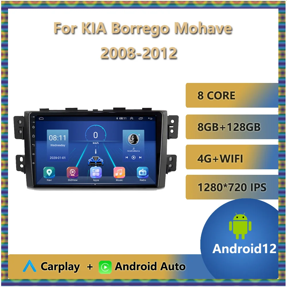 Android Auto Carplay Автомагнитола Для KIA Borrego Mohave 2008-2012 Bluetooth Мультимедийный Плеер Видео Навигация GPS 8 ГБ + 128 ГБ USB