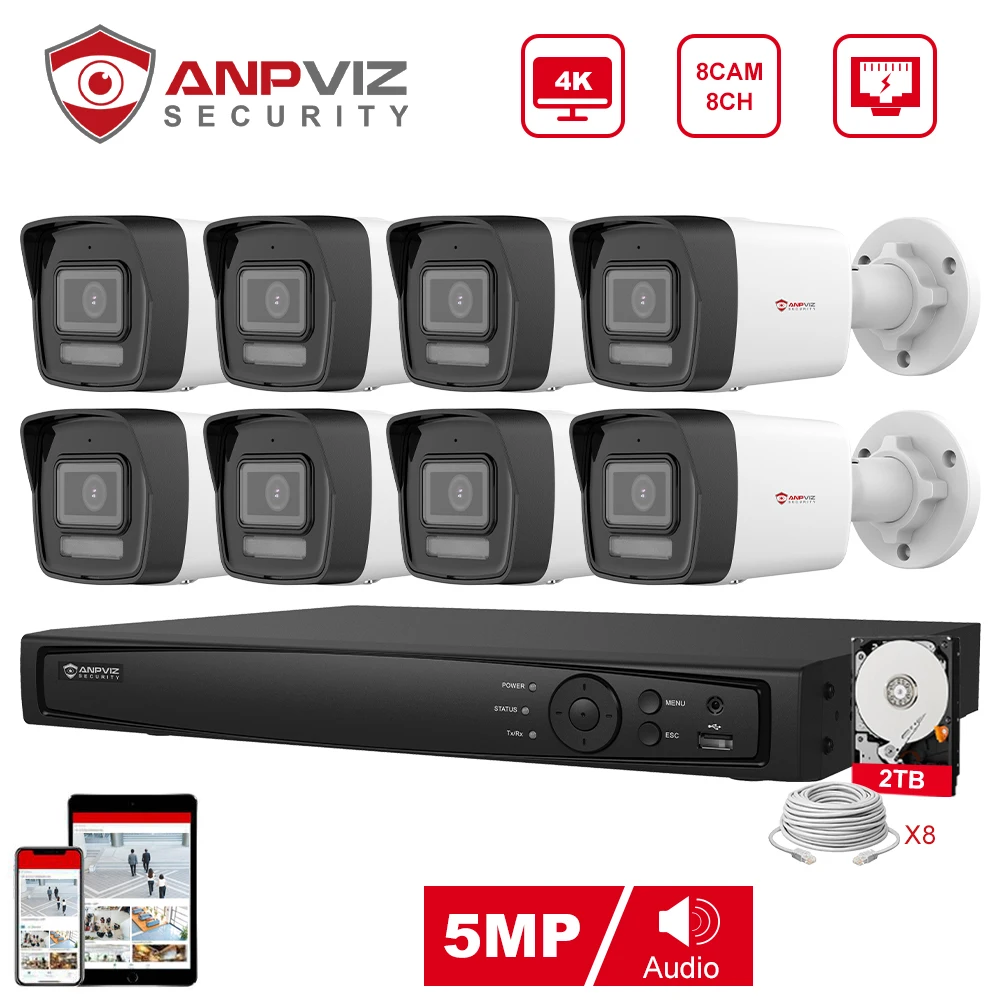 Anpviz 8CH 4K NVR 5MP POE IP Индивидуальная Камера Plug & Play System CCTV Комплект Наружного Видеонаблюдения Удаленный Просмотр H.265 IR 30m