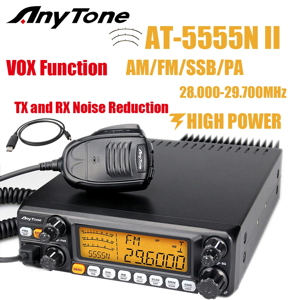 AnyTone AT-5555N II 28.000-29.700 МГц 10-метровое радио 40-канальный мобильный Приемопередатчик в режиме AM/FM/SSB/LSB/USB 10-метровое радио