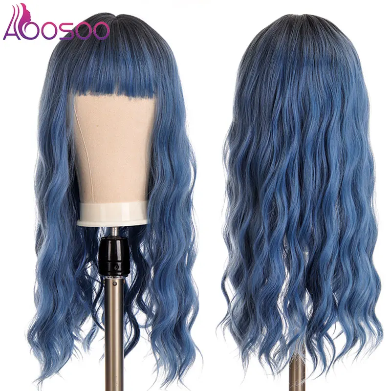 AOOSOO Длинный синтетический женский головной убор для косплея на Хэллоуин Женский парик синего цвета С челкой и волнистыми вьющимися волосами