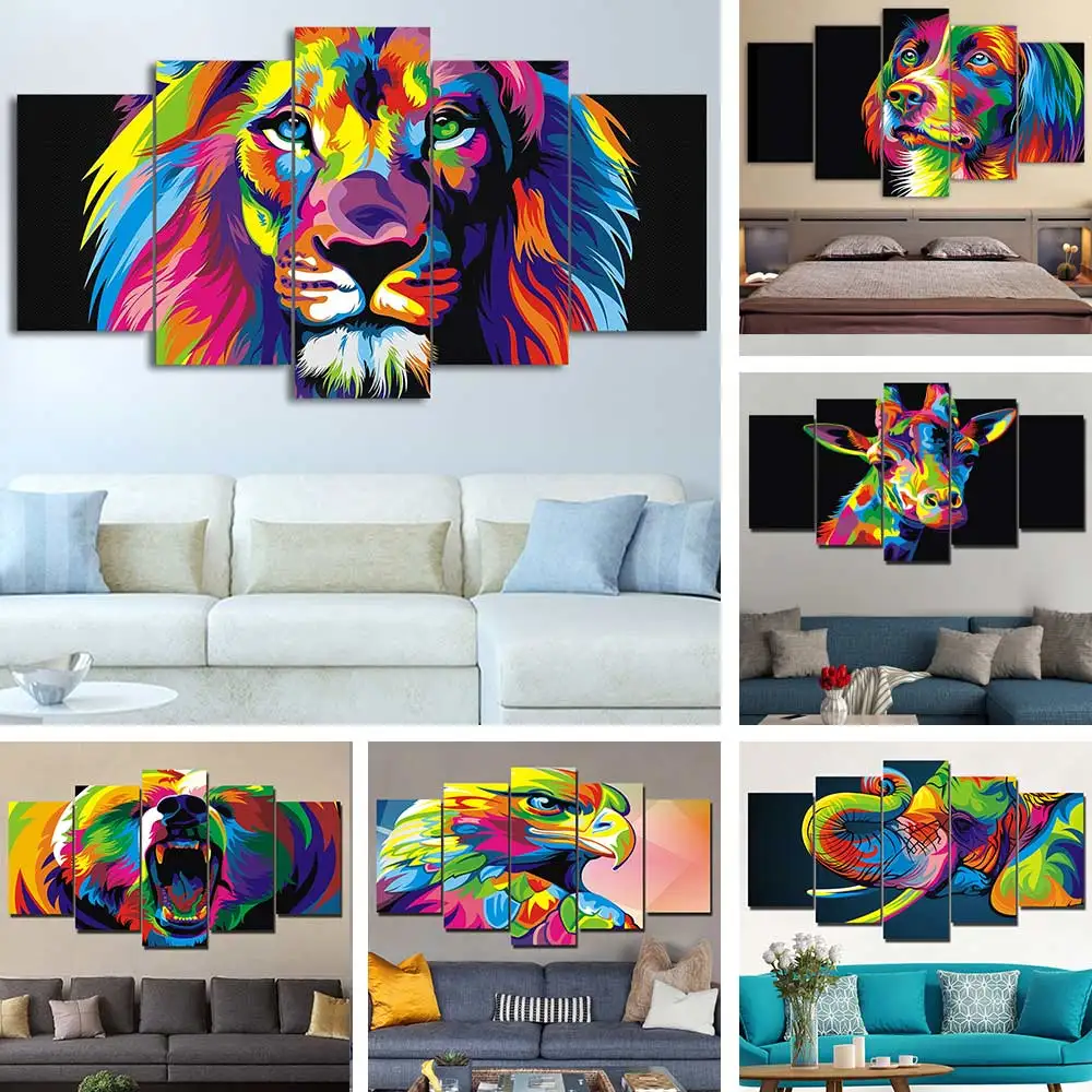Artsailing картина из 5 предметов, красочная картина со львом, лев, слон, собака, жираф, орел, медведь, животные, настенное искусство, холст, HD печать