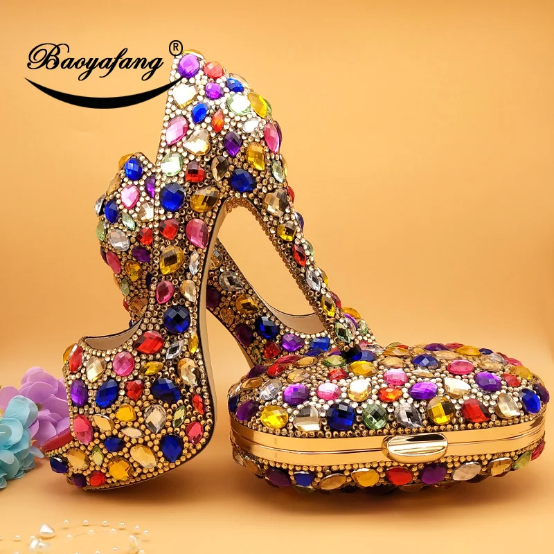 BaoYaFang/Свадебные туфли на высоком каблуке с открытым носком и разноцветными кристаллами, Женские туфли на высоком каблуке, платформа и сумки в комплекте, тонкие высокие туфли-лодочки