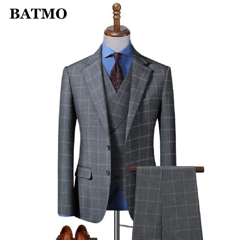 BATMO 2021, новое поступление, высококачественные серые костюмы в клетку, мужские, повседневные костюмы с двумя разрезами, 622