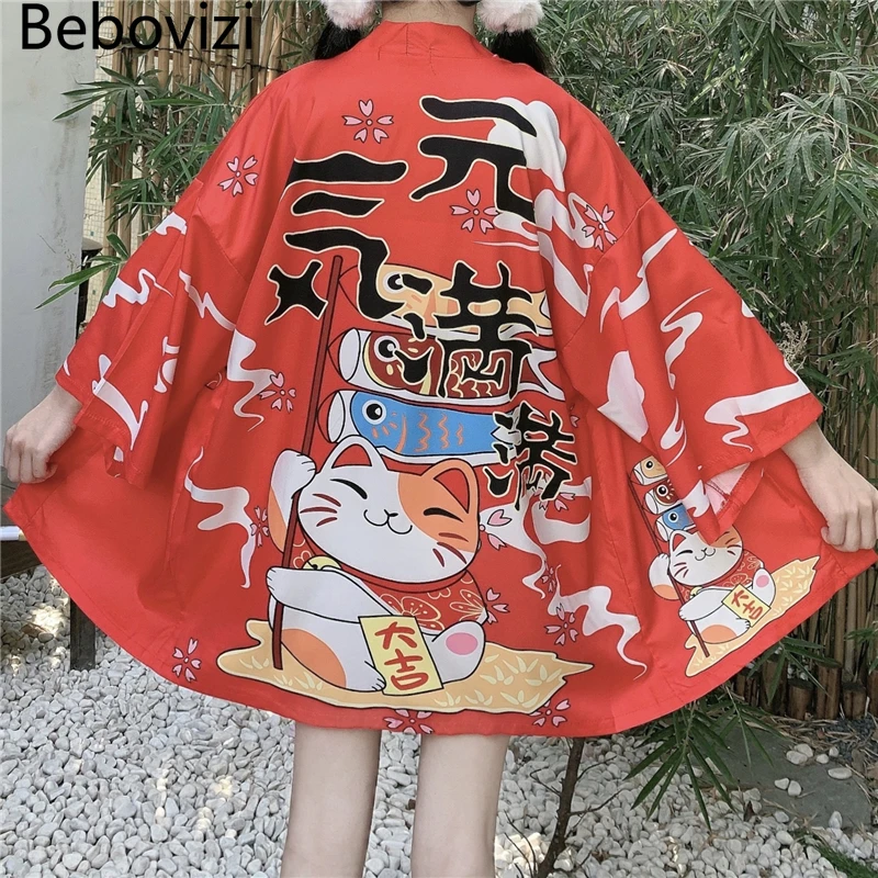 Bebovizi Красное Кимоно Lucky Cat, Женская Японская Юката, Женская Азиатская одежда, Свободный Кардиган, Рубашка В традиционном японском стиле Хаори