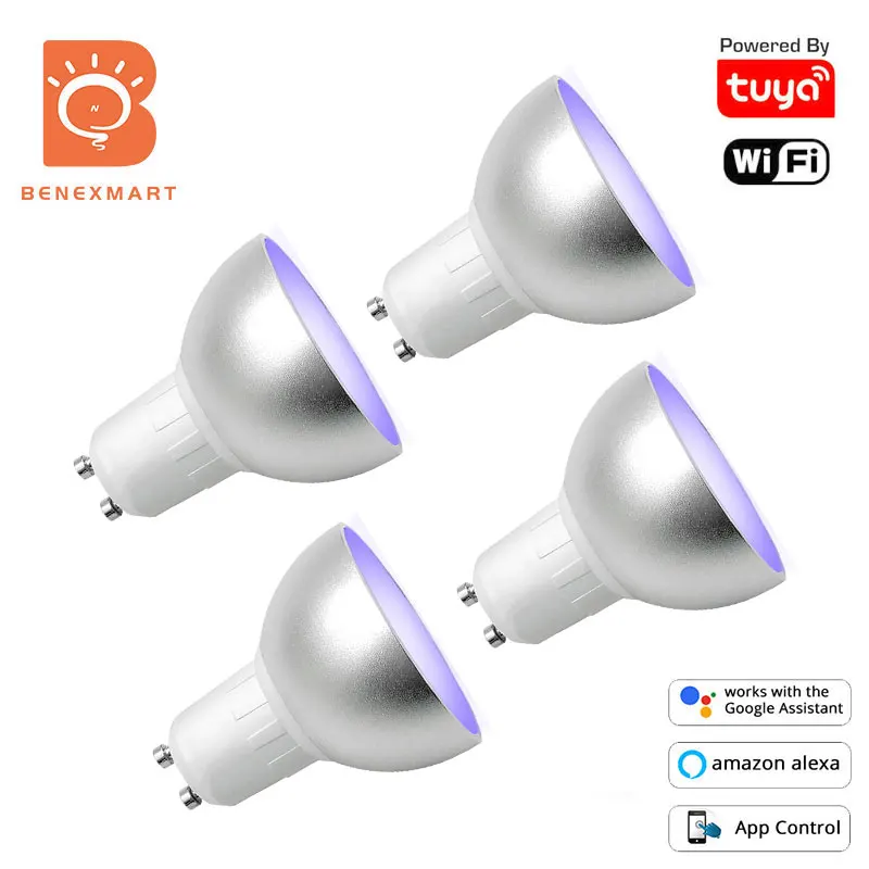 Benexmart Tuya WiFi 4шт Gu10 RGBW 5 Вт Светодиодная Лампа Прожекторная Лампа Smart Life Приложение Alexa Google Home Голосовое Управление С Регулируемой Яркостью Лампы