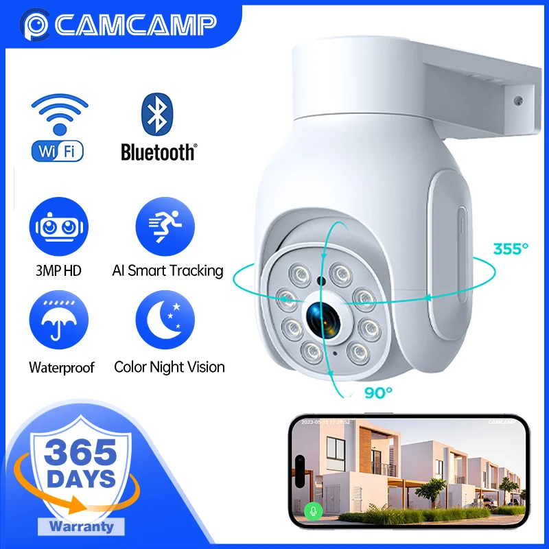 Camcamp Wifi Камера видеонаблюдения 3MP Наружная IP66 Водонепроницаемая Сигнализация Движения Smart Detect Радионяня P2P Eseecloud APP