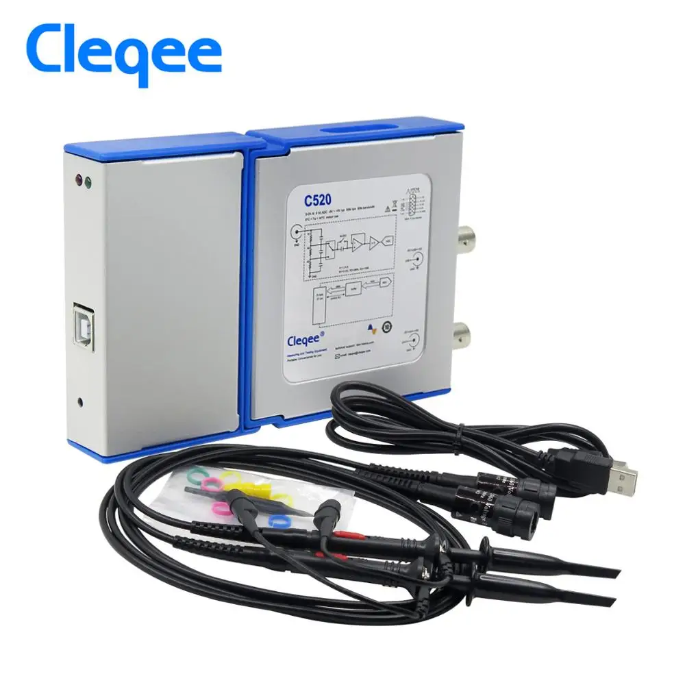 Cleqee-2 C520 Полоса Пропускания 20 МГц Выборка данных 50 М с зондом USB-Кабель Двухканальный ПК Виртуальный Цифровой Ручной Осциллограф