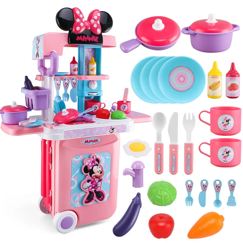 Disney 3 in1 чехол-тележка с Минни Маус, кухонный набор для детей, легкая кухонная посуда, игровой набор для дома, игрушки, подарок на день рождения для детей