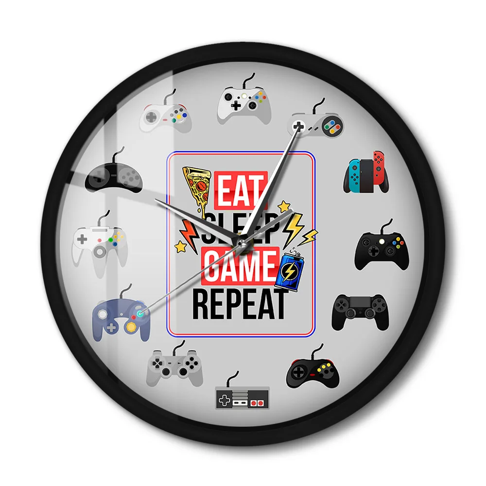 Eat Sleep Game Repeat Геймпад Контроллеры Настенные часы в металлическом каркасе для игровой комнаты Настенные часы со звуком и светодиодной подсветкой