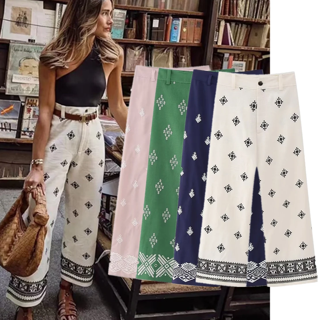 Elmsk Повседневные брюки с вышивкой в марокканском стиле ретро в богемном Стиле, Геометрические Брюки с высокой талией, Свободные Широкие Брюки Для женщин