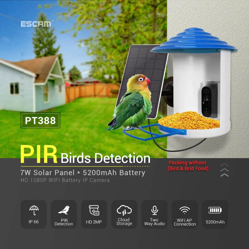 ESCAM PT389 2MP PIR IP66 водонепроницаемая Беспроводная Кормушка для птиц Встроенный аккумулятор Автоматический Захват двухстороннего аудио ночного видения WiFi камера